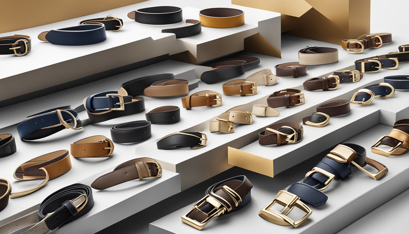 A display of high-end luxury belt brands, showcasing various styles and trends in a sleek and sophisticated setting