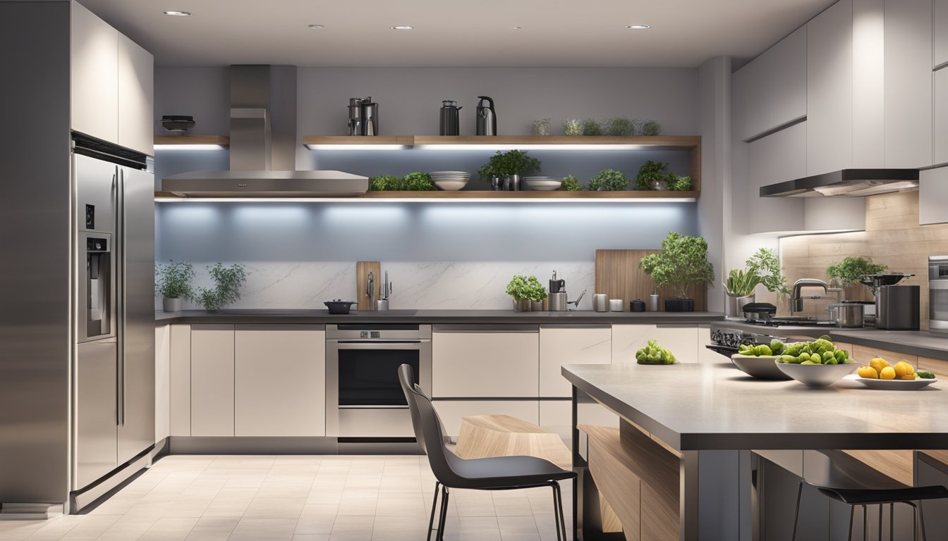 A sleek, modern kitchen with prominent appliance brands displayed on the countertops and shelves. Bright lighting highlights the design and features of the appliances