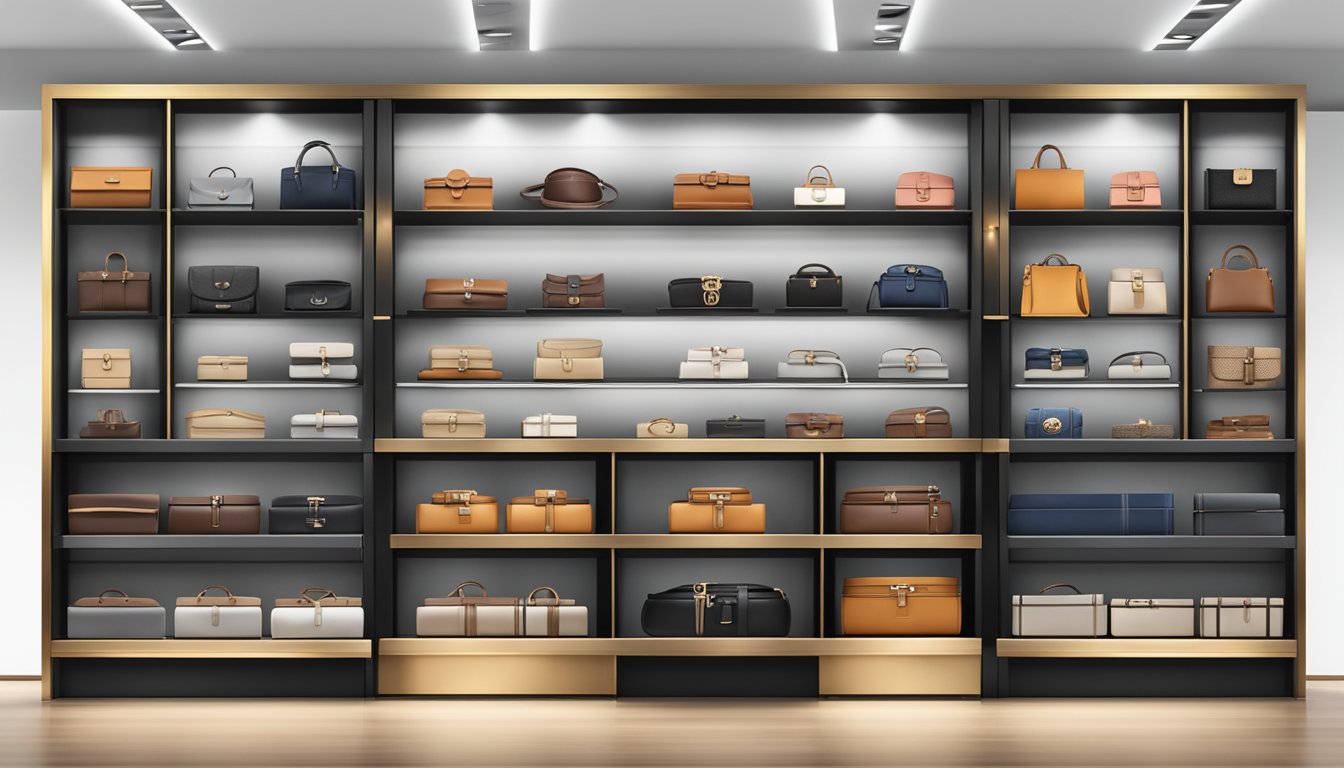 A display of luxury belt brands with logos and designs, organized on sleek shelves in a modern store setting