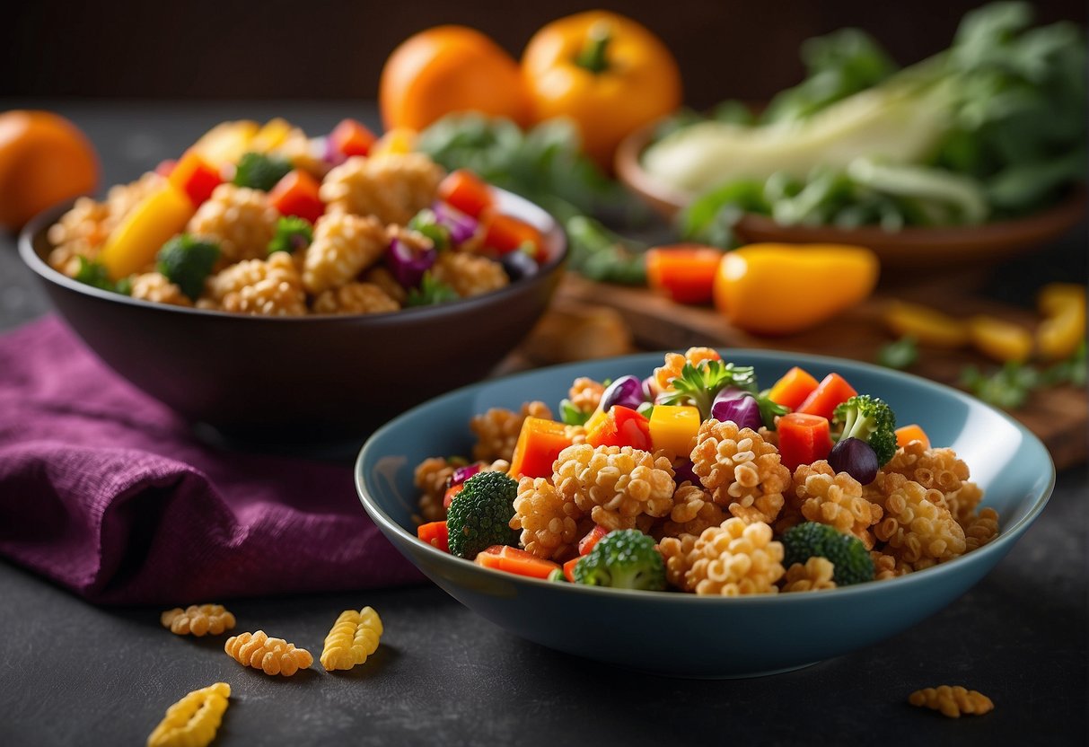 A bowl of crispy cereal-coated chicken sits on a Chinese-inspired plate, surrounded by colorful vegetables and drizzled with a savory sauce
