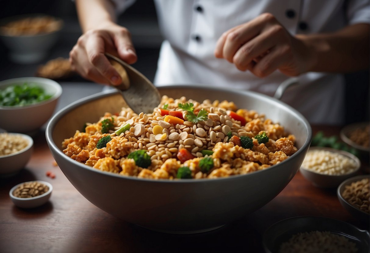 A chef mixes Chinese spices into a bowl of cereal and chicken, creating a unique and flavorful recipe