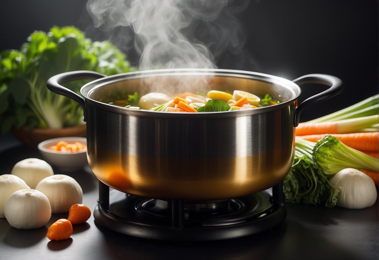 A pot of boiling broth with carrots, bok choy, mushrooms, and tofu simmering. A hint of steam rises from the pot