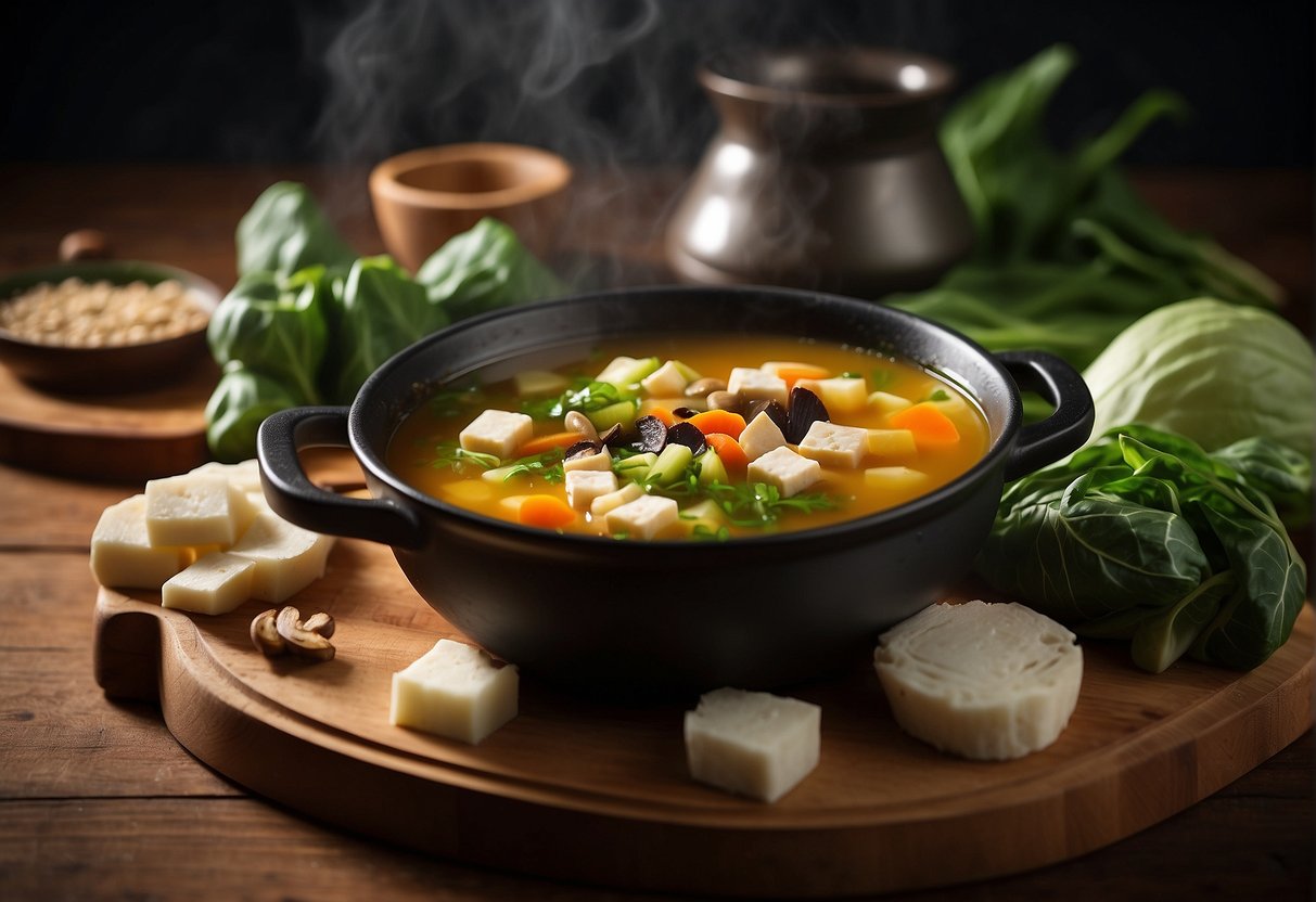 A simmering pot of Chinese veg soup with bok choy, shiitake mushrooms, tofu, and carrots on a wooden chopping board