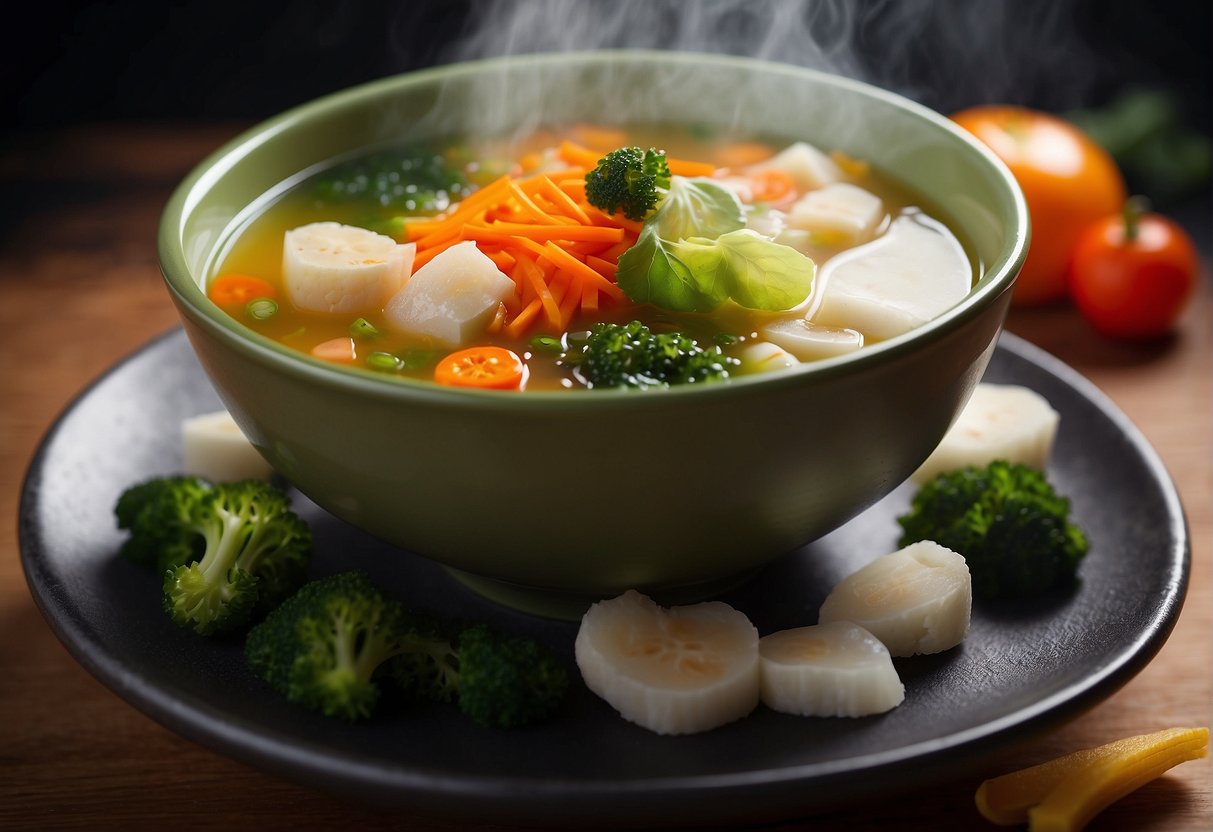 A steaming bowl of Chinese vegetable soup with ingredients labeled and nutritional information displayed