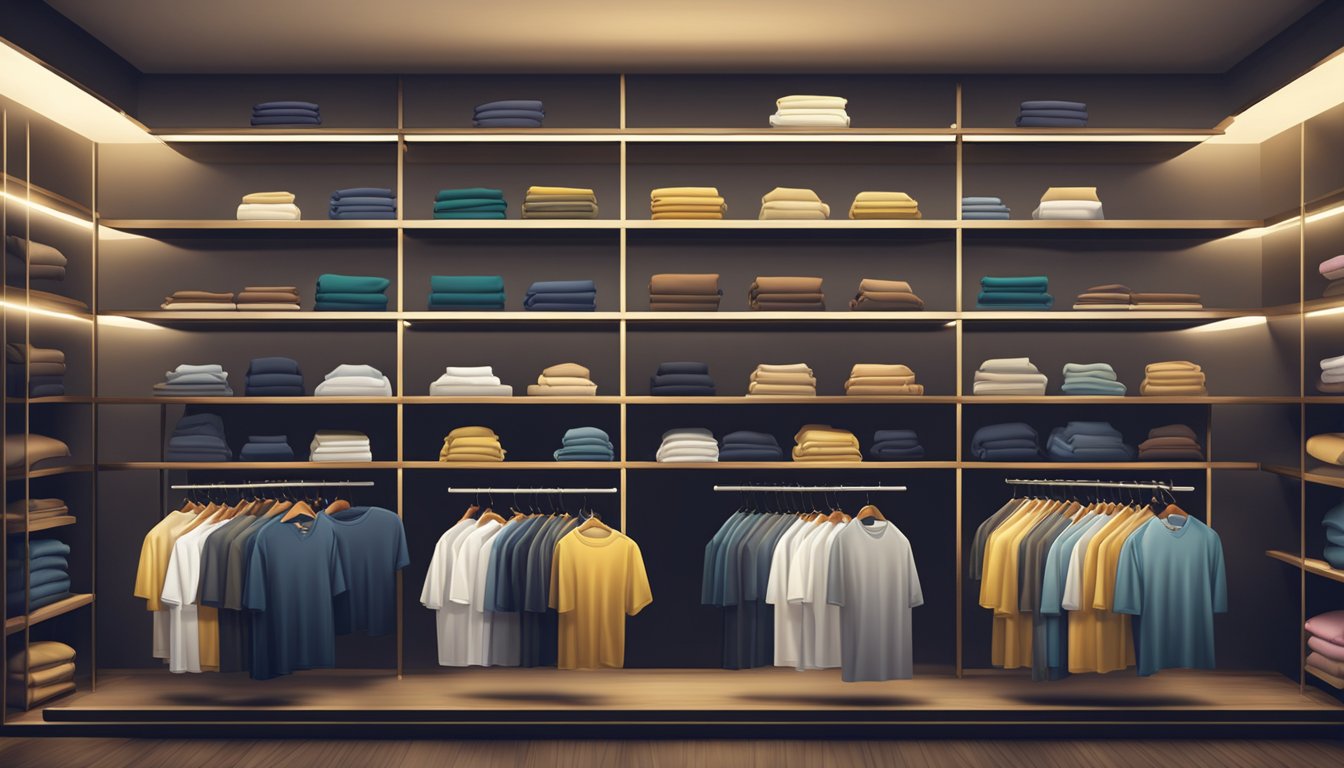 A display of luxury t-shirts, arranged on sleek shelves under soft, warm lighting, showcasing elegant designs and high-quality fabrics