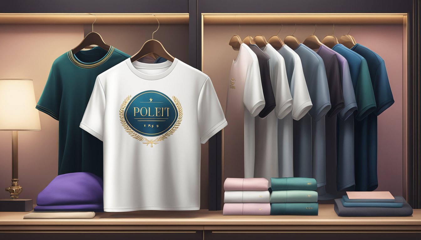 A luxurious t-shirt displayed on a velvet-lined shelf, surrounded by soft lighting and elegant branding
