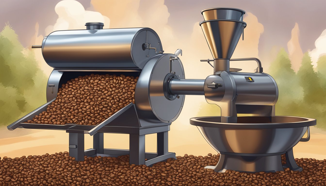 Austrian coffee beans being roasted in a traditional coffee roaster, with the aroma of freshly brewed coffee filling the air