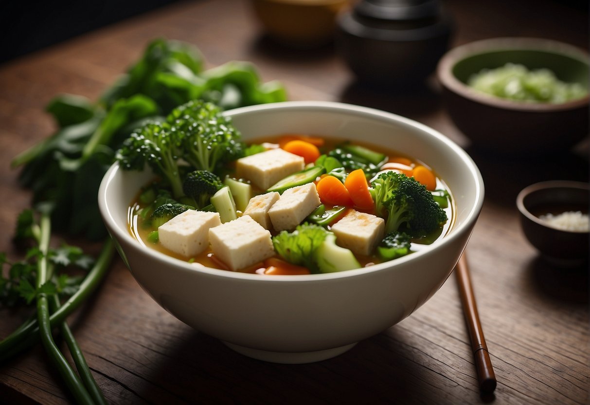 A steaming bowl of Chinese vegetable soup sits on a wooden table, surrounded by chopsticks and a spoon. Green vegetables and tofu float in the flavorful broth