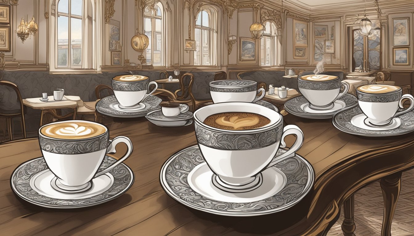 Austrian coffee cups, adorned with elegant swirls, sit on ornate saucers in a cozy Viennese café. A steaming espresso machine hisses in the background, while the rich aroma of freshly brewed coffee fills the air
