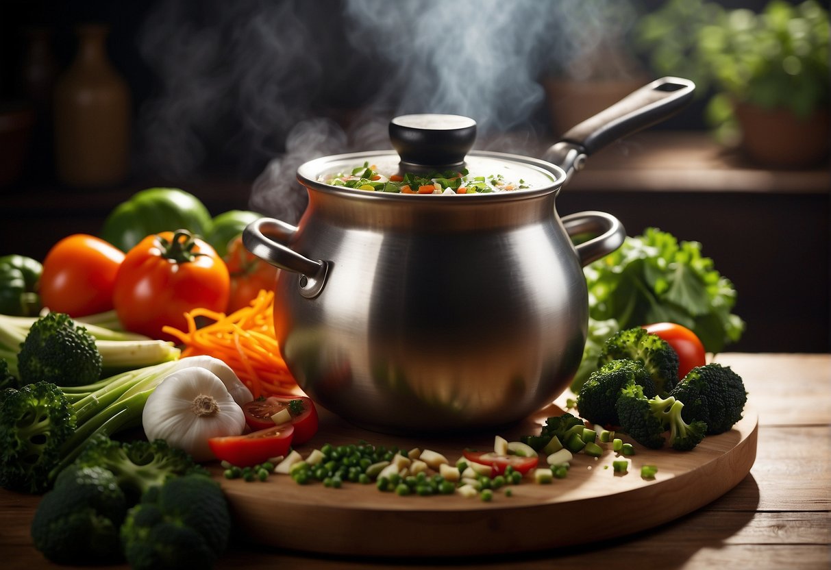 A steaming pot of Chinese vegetable soup surrounded by a colorful array of fresh, chopped vegetables and aromatic herbs on a wooden cutting board