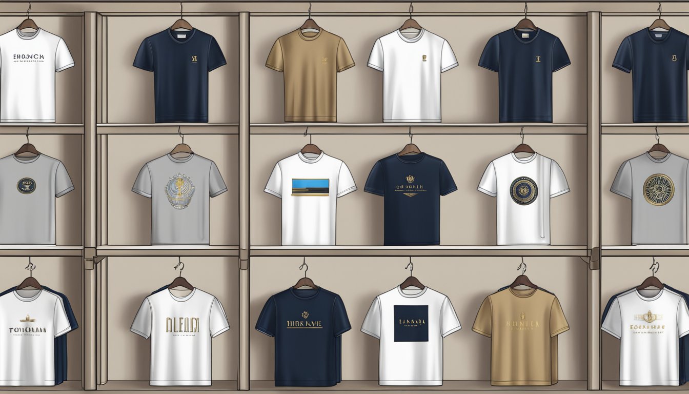 A display of iconic luxury t-shirt brands, neatly arranged on sleek shelves in a high-end boutique. The shirts boast exquisite fabrics and elegant designs, exuding a sense of opulence and sophistication