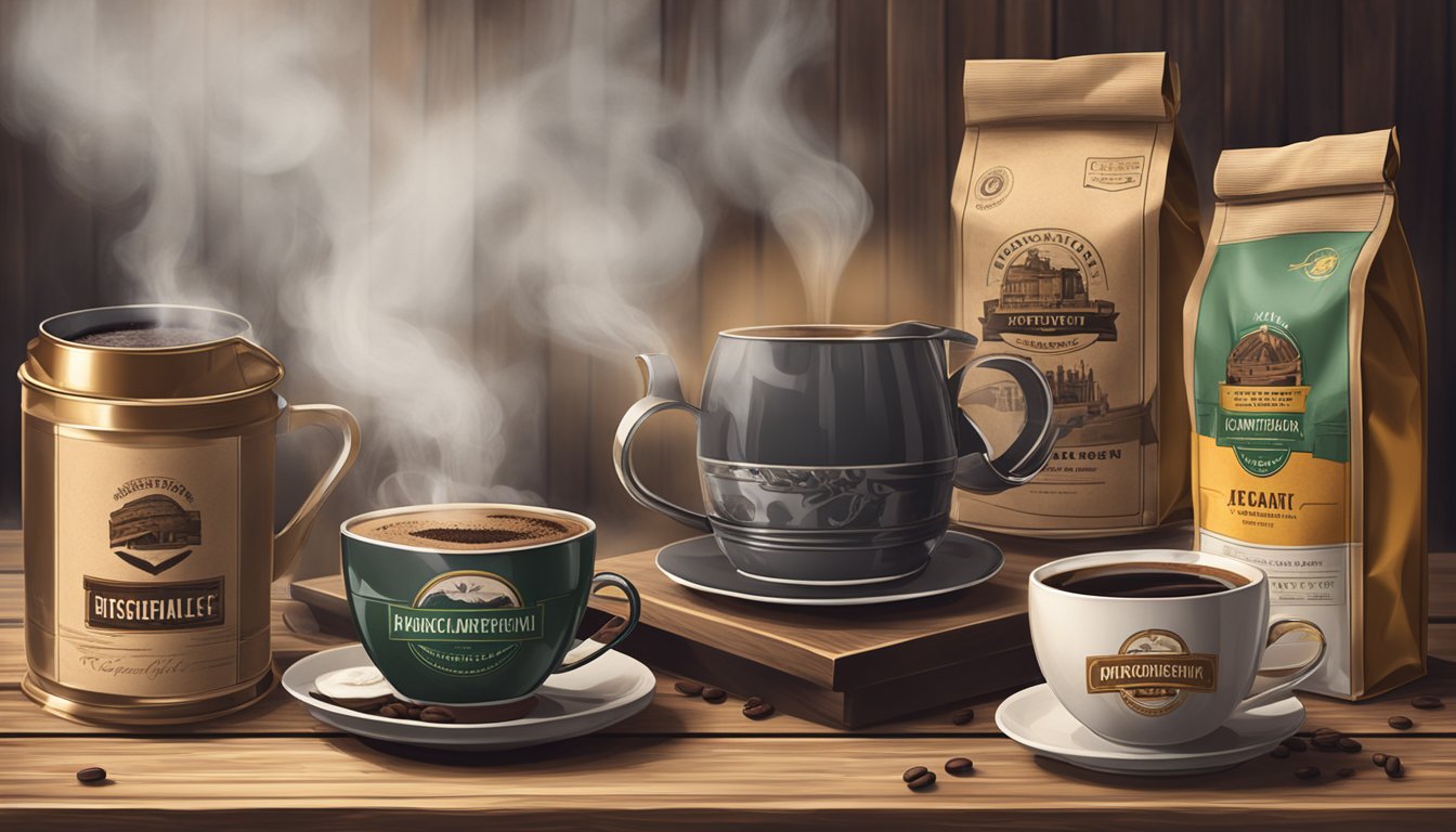 Austrian coffee brands showcased on a rustic wooden table with steaming cups and vintage coffee packaging