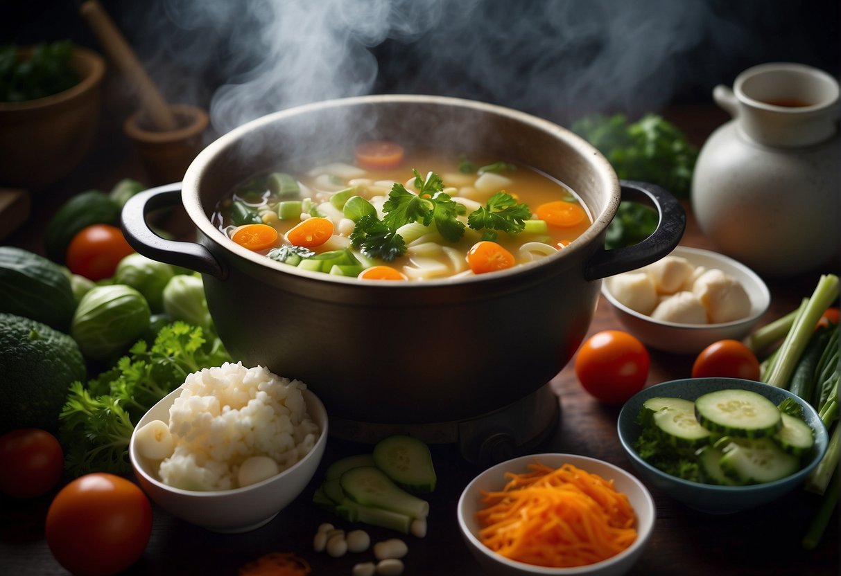 A steaming pot of Chinese vegetable soup surrounded by various fresh ingredients and cooking utensils