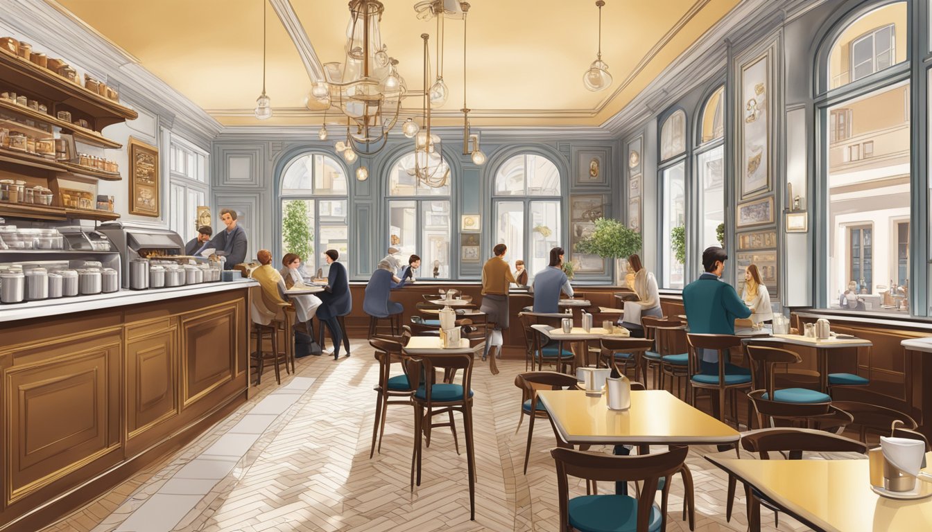 A bustling Viennese café with traditional decor and modern signage showcasing popular Austrian coffee brands