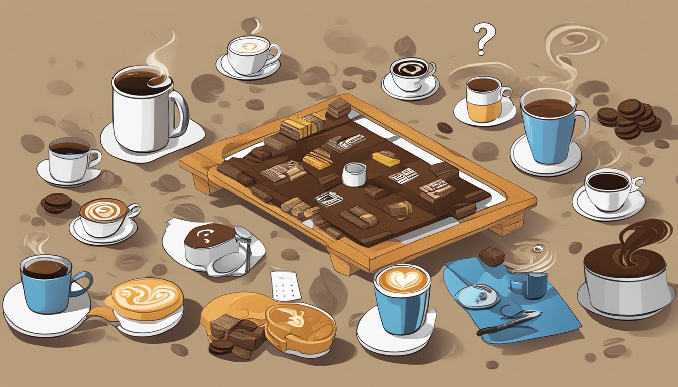 A table with various Austrian coffee brand logos displayed, surrounded by question marks