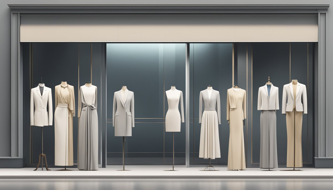 A sleek, modern storefront with minimalist signage. Soft, high-quality fabrics draped over mannequins. Clean lines and neutral colors exude sophistication
