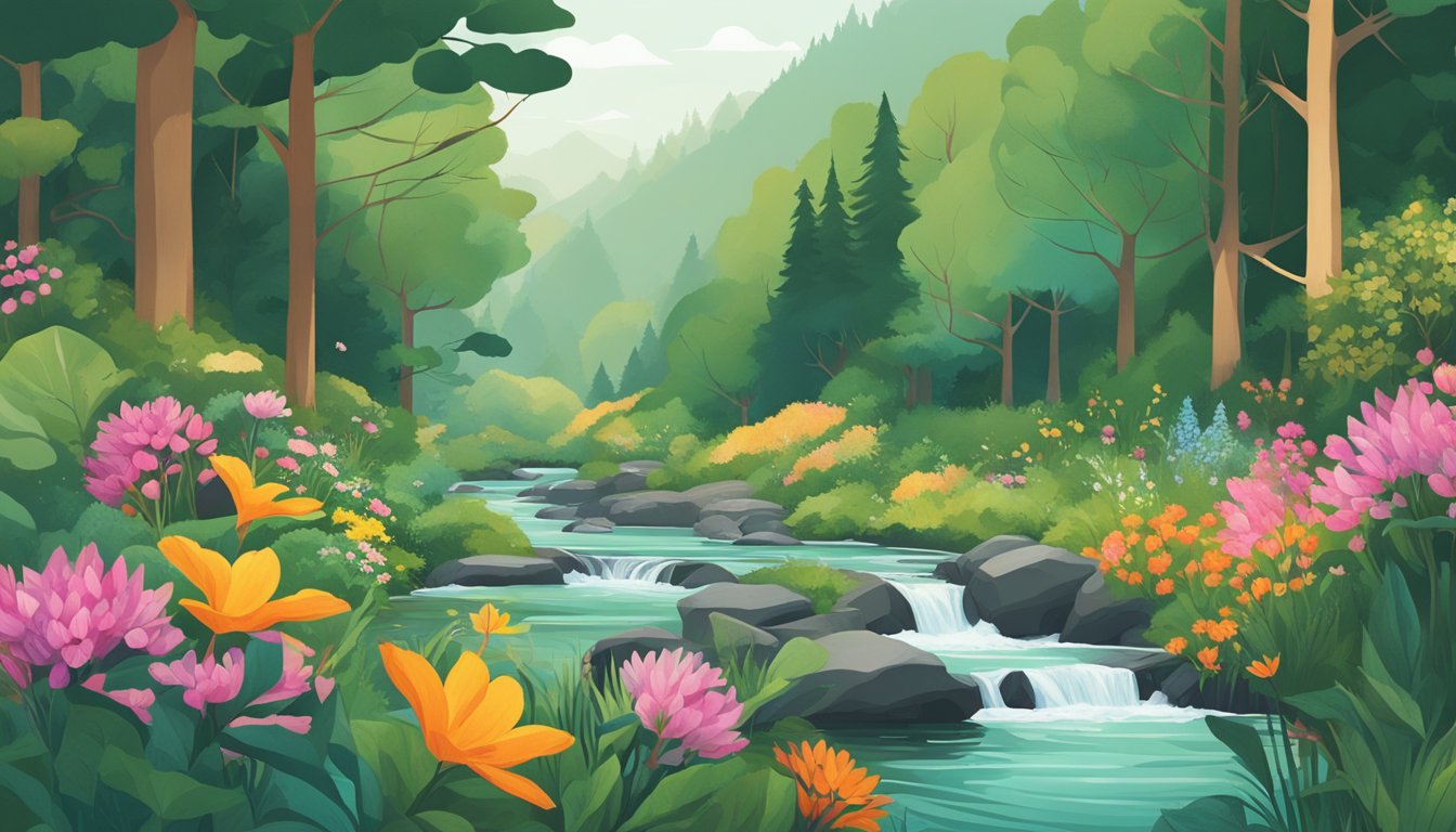 A lush green forest with a clear stream running through it, surrounded by vibrant flowers and wildlife. A small, sustainable fashion brand logo is subtly integrated into the natural landscape