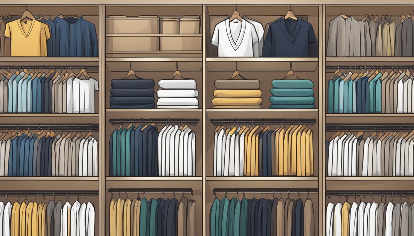 A neatly organized closet with rows of folded luxury tees in various colors and textures, displayed on wooden hangers