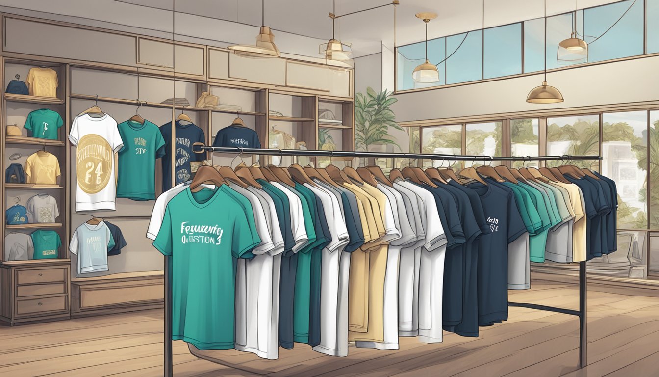 A display of luxury t-shirts with a "Frequently Asked Questions" banner above, showcasing various designs and styles