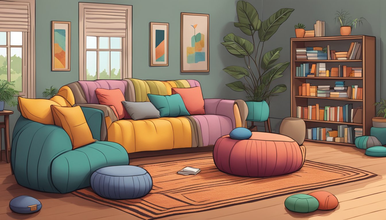 A cozy living room with various bean bag chair brands scattered around, each in different colors and sizes. The room is well-lit and inviting, with a bookshelf and a cozy rug