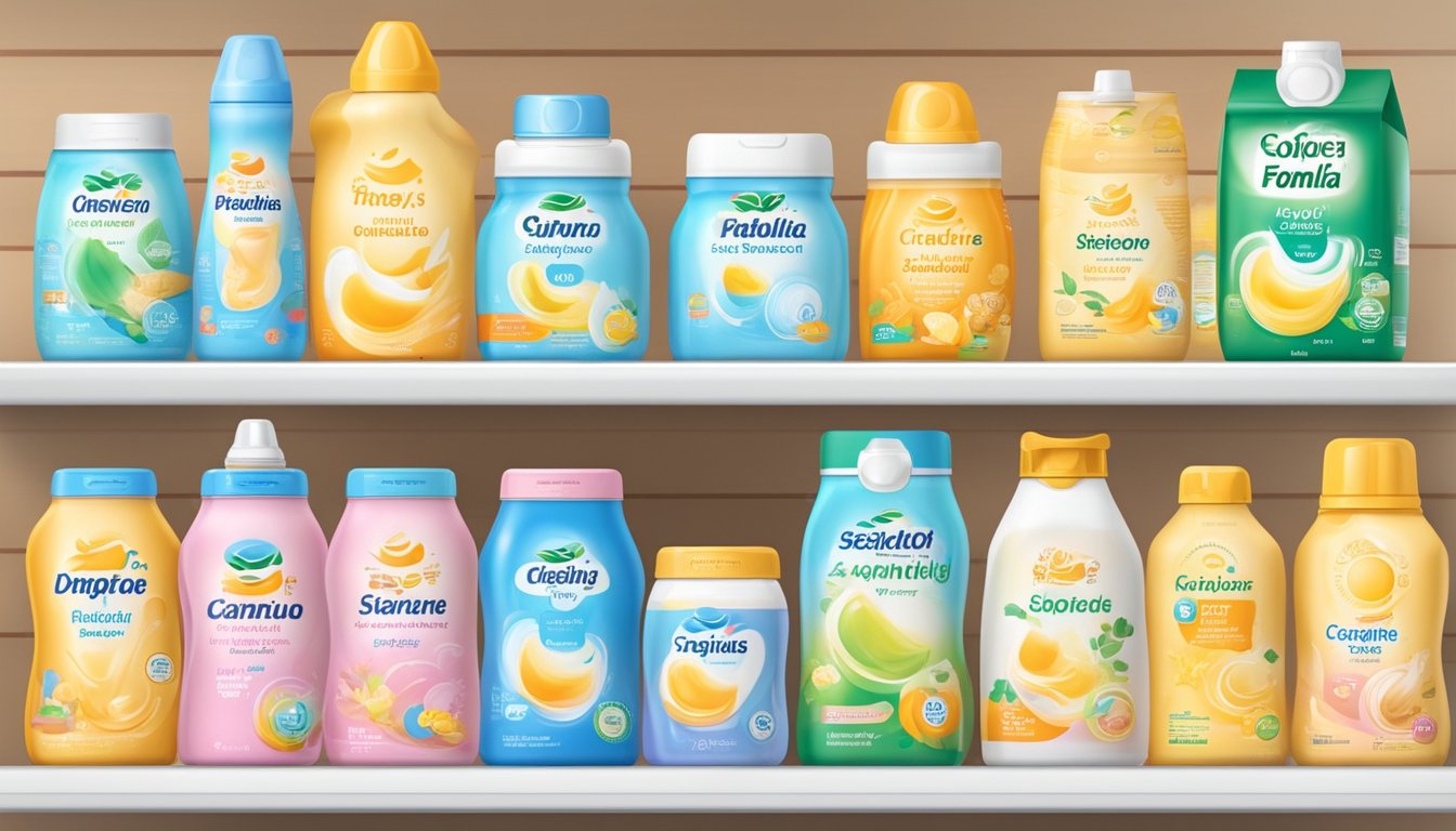 Various baby formula brands arranged on a shelf in a store. Brightly colored packaging with different logos and labels