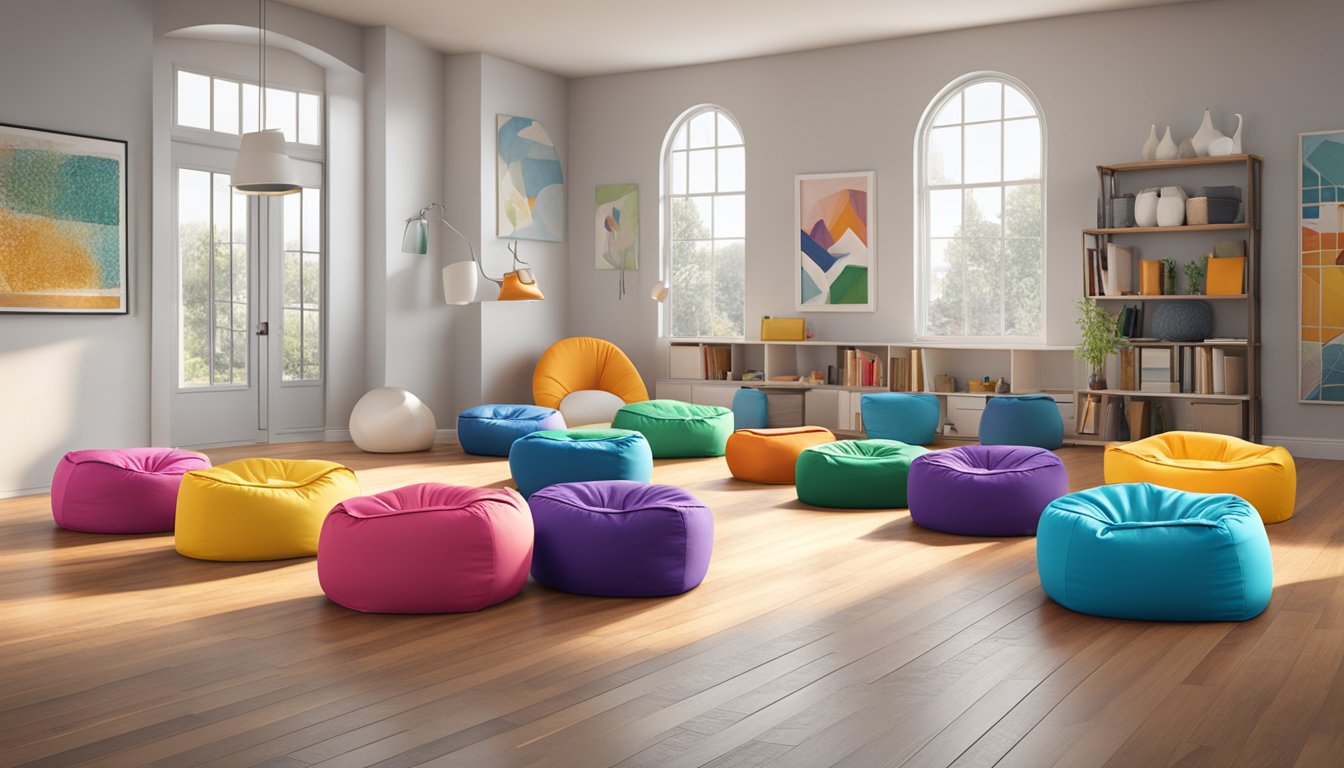 Colorful bean bag chairs arranged in a spacious room with natural lighting, showcasing popular brands' logos and designs