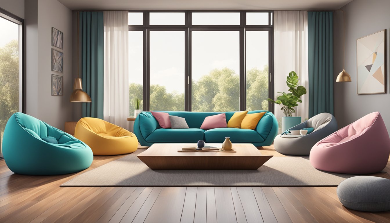 A modern living room with various bean bag chairs in different colors and styles arranged in a stylish and inviting manner