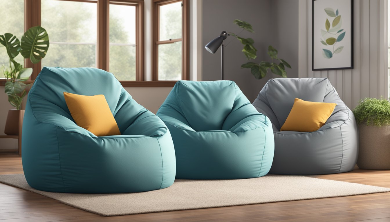 Two bean bag chairs, one labeled "Comfort" and the other "Durability," sit side by side in a cozy living room setting
