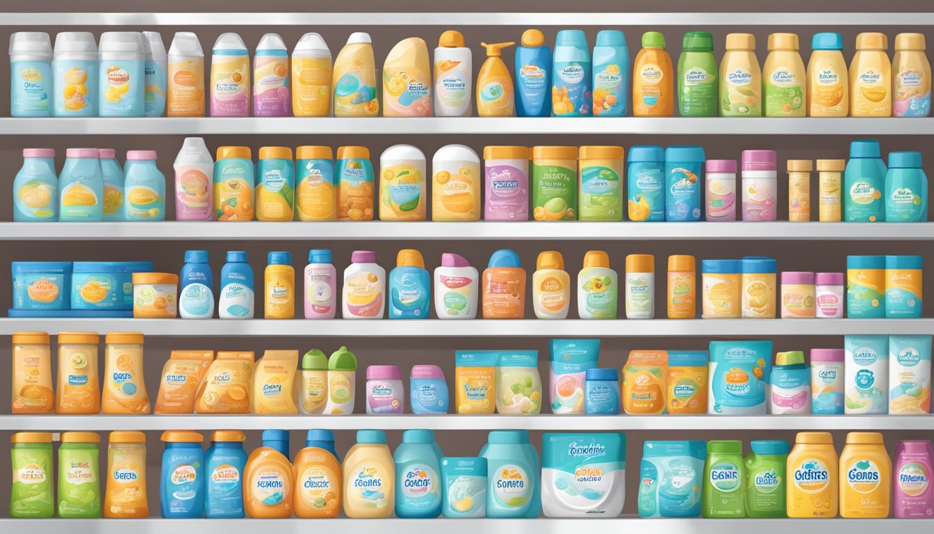 A variety of baby formula brands arranged on a shelf with colorful packaging and clear labeling