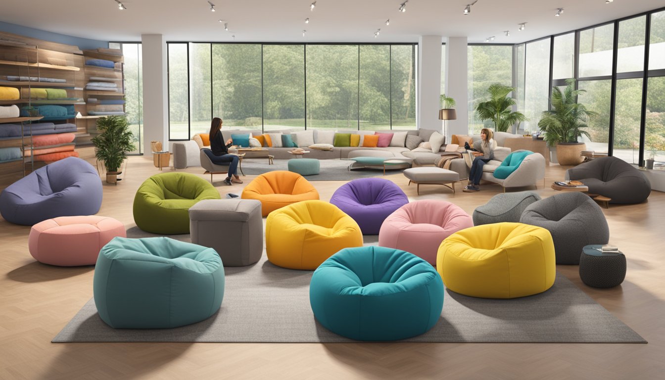 Various bean bag chair brands displayed in a spacious showroom with colorful options, different sizes, and fabric choices. Customers browsing and testing out chairs for comfort and durability
