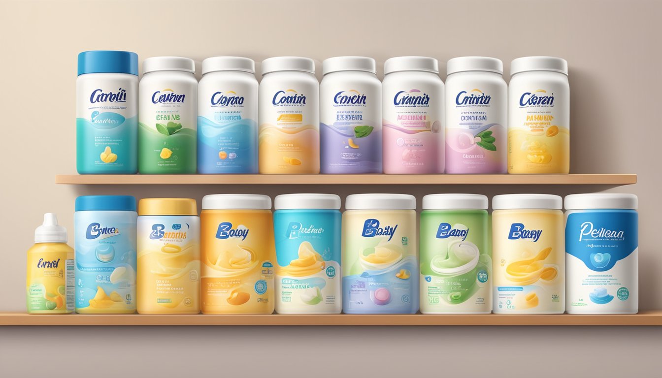 Various baby formula brands arranged on a shelf, with colorful packaging and nutritional information displayed prominently
