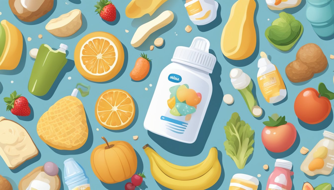 A baby formula bottle surrounded by images of healthy foods and a digestive system