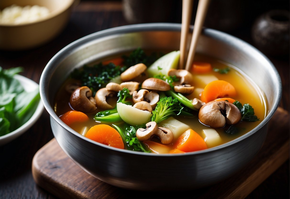 A pot simmering with Chinese vegetable broth, filled with mushrooms, bok choy, carrots, and other fresh ingredients