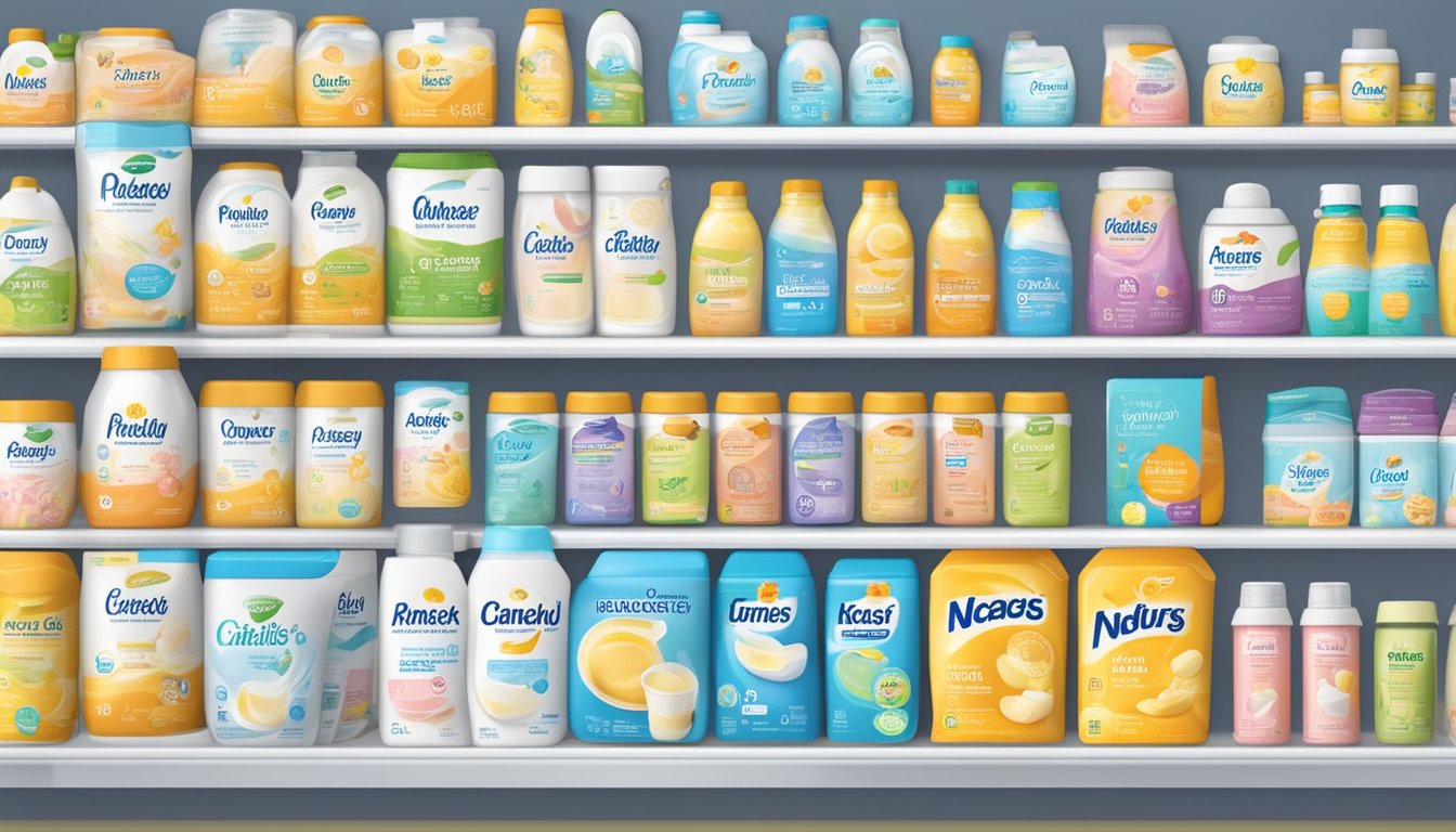 A variety of baby formula brands displayed on a shelf in a store. Different packaging and labels are visible, with nutritional information and age recommendations