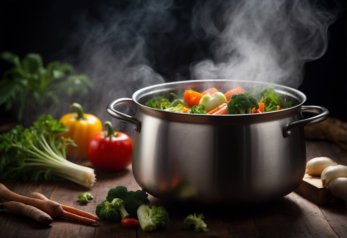 A pot simmers with Chinese vegetable broth, filled with colorful vegetables and aromatic herbs, steam rising from the surface