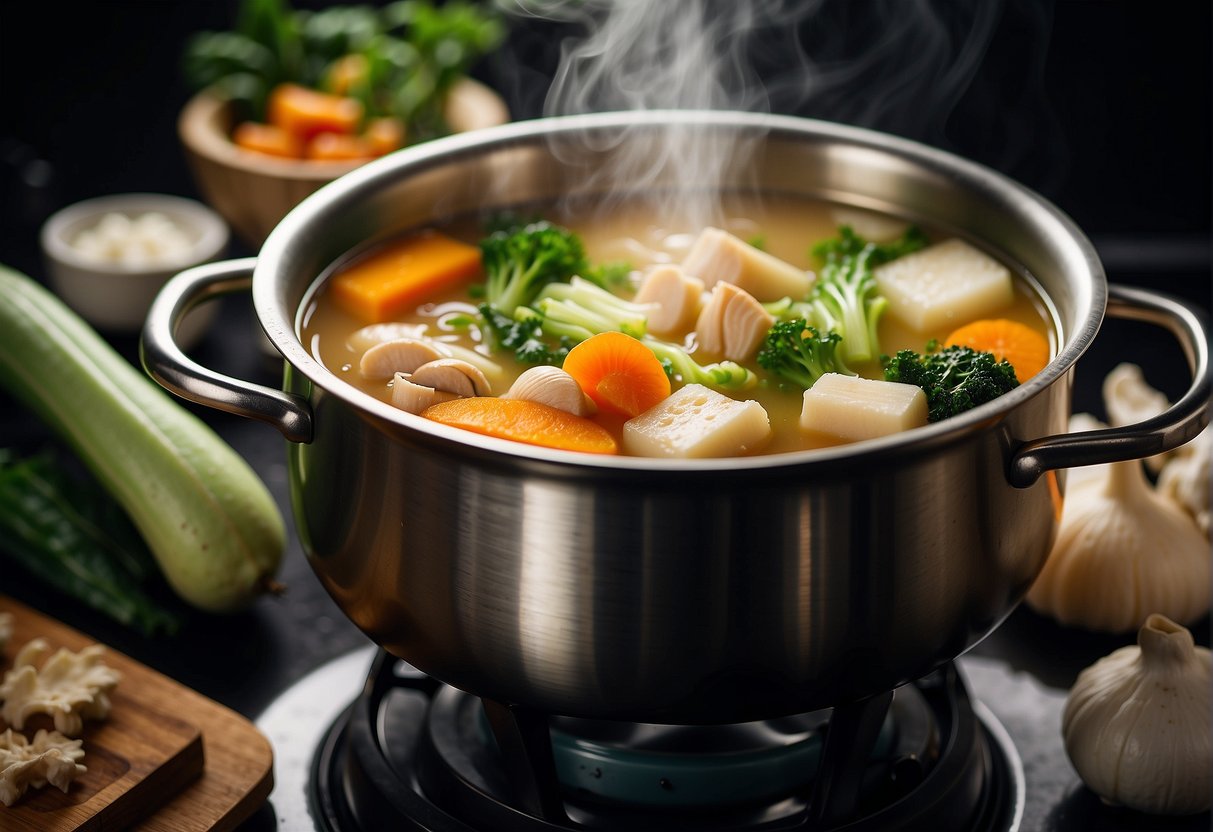 A steaming pot of Chinese vegetable broth with a variety of fresh ingredients, such as mushrooms, bok choy, carrots, and tofu, simmering on a stovetop