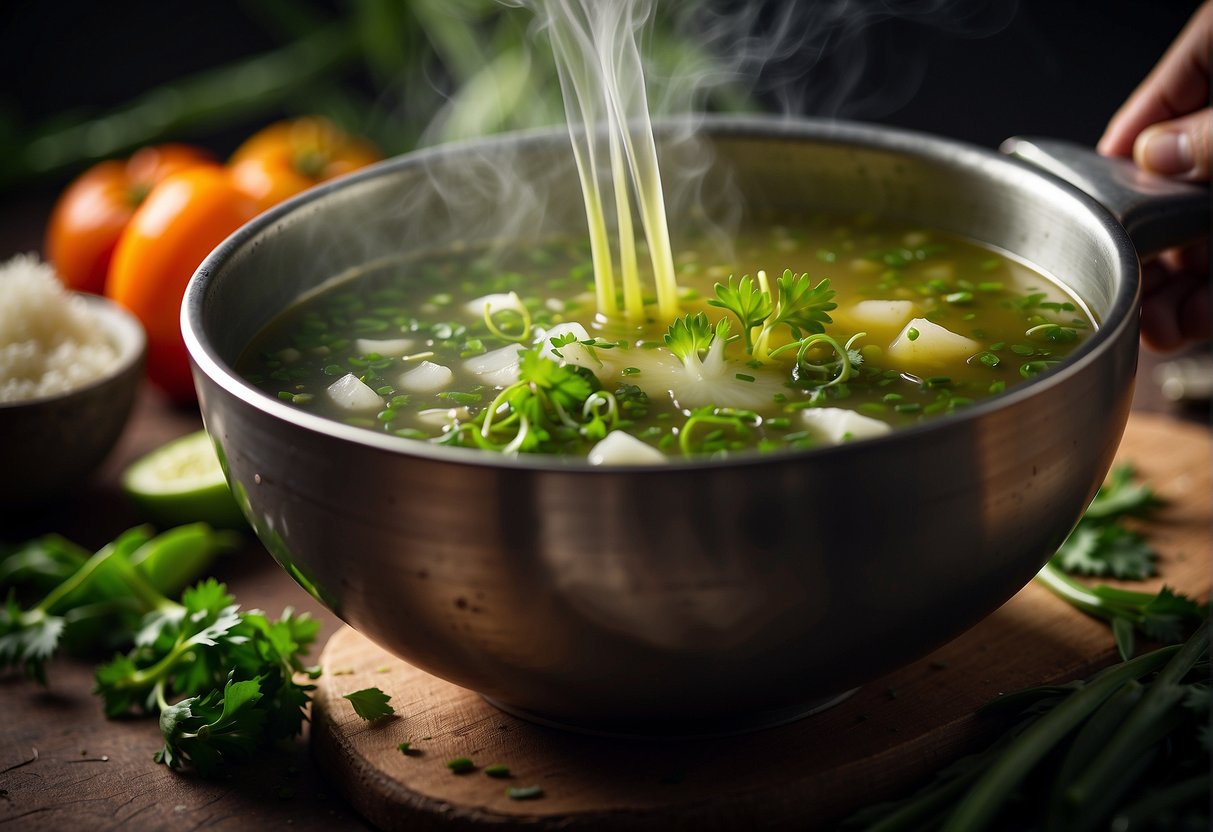 A hand pours steaming vegetable broth into a bowl, garnishing with fresh scallions and cilantro