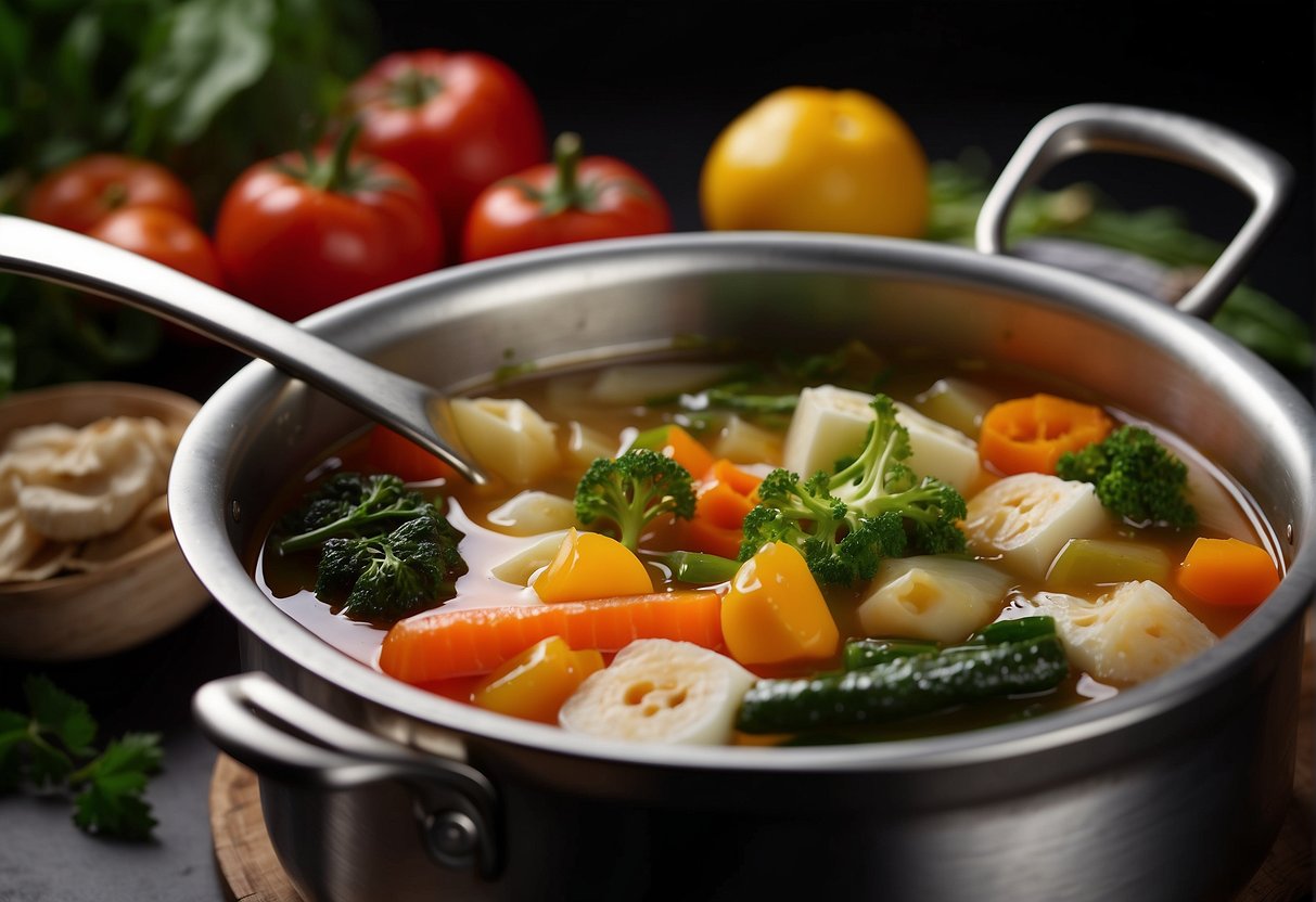 A pot simmering with assorted Chinese vegetables, ginger, and garlic in a clear broth. A ladle rests on the side