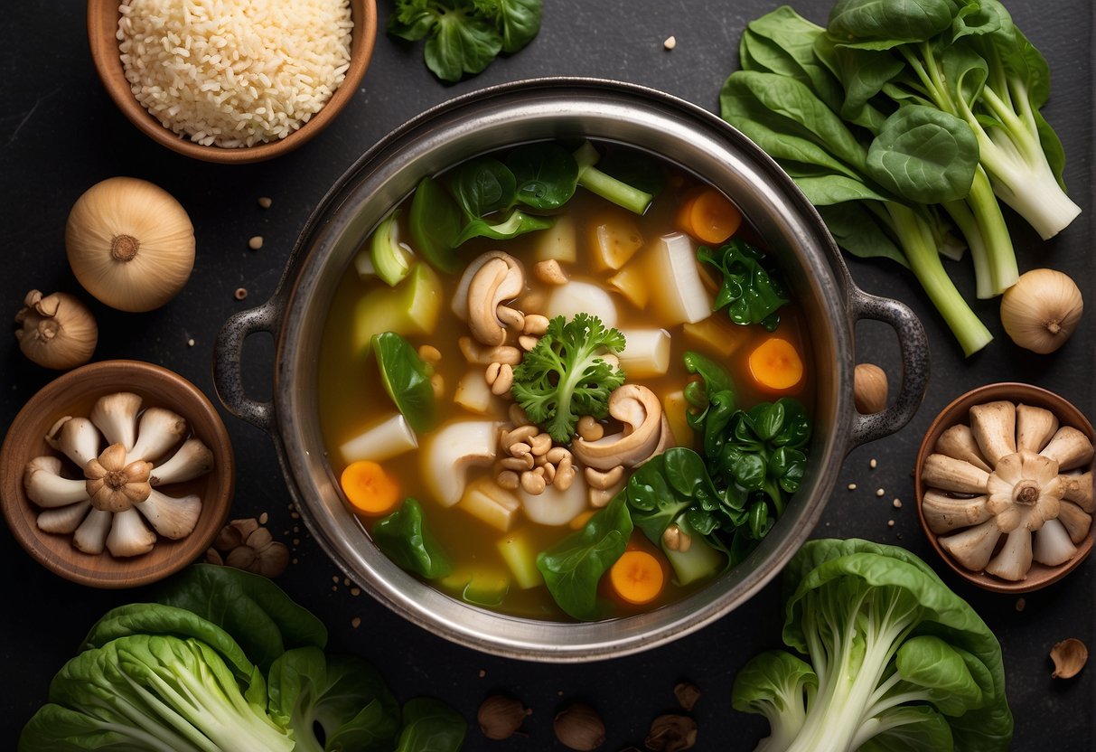 A steaming pot of Chinese vegetable broth surrounded by fresh ingredients like bok choy, shiitake mushrooms, and ginger