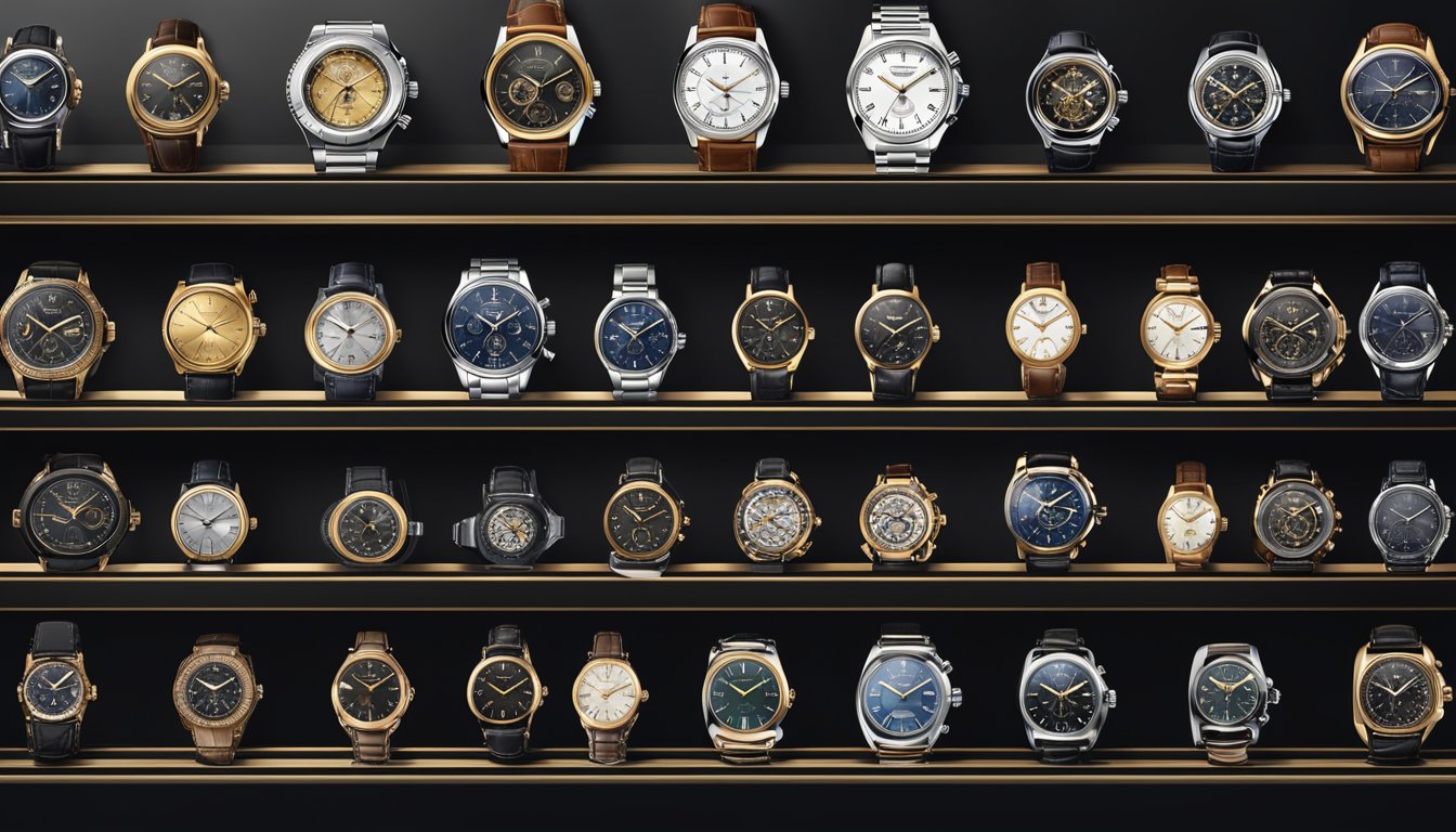 A collection of luxury male watch brands displayed on a sleek, black velvet-lined shelf, catching the light and showcasing their intricate designs and precision craftsmanship