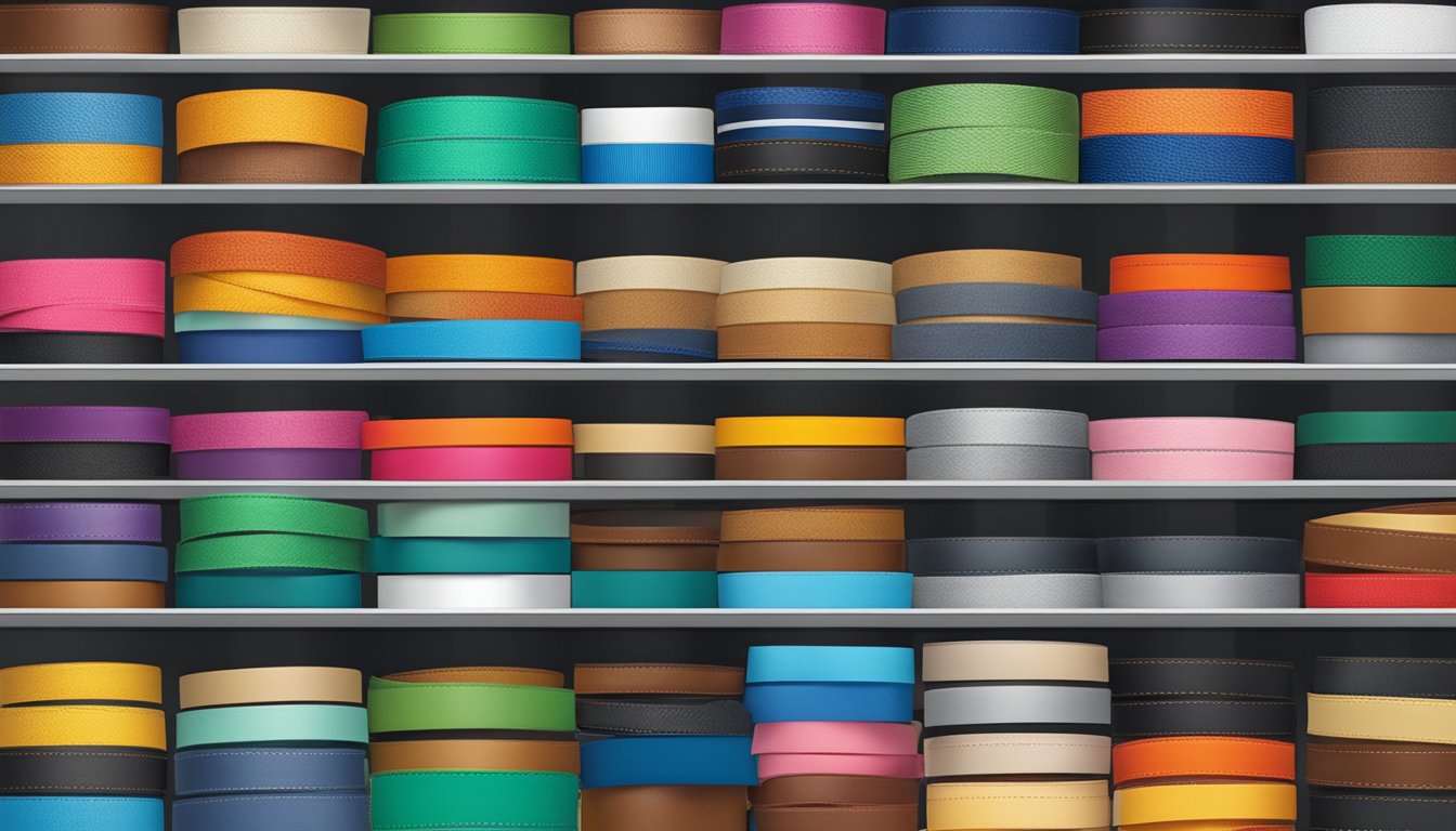 A row of colorful belts with prominent name brands displayed on a store shelf