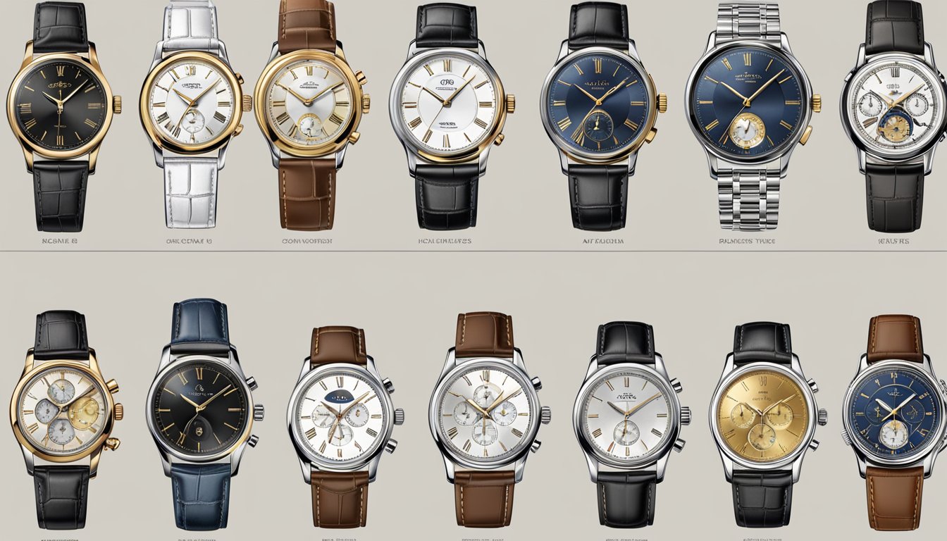 A display of iconic male watch brands through the ages, showcasing the evolution of horology