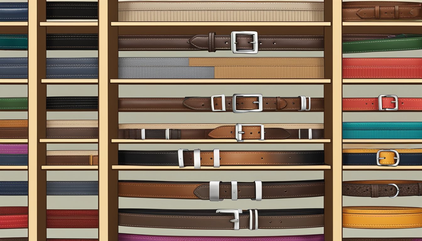 A display of designer belts arranged on shelves, showcasing various name brands and styles