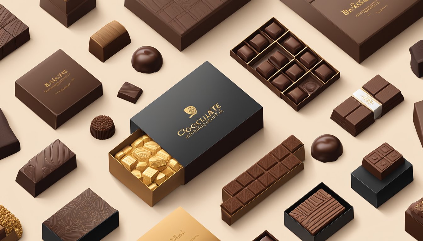 A display of renowned Belgian chocolate brands arranged on a wooden table with elegant packaging and decadent chocolate bars