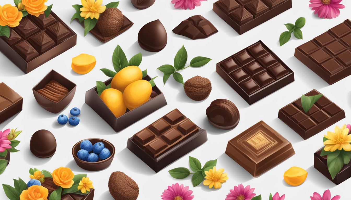 A table adorned with an assortment of Belgian chocolate brands in elegant packaging, surrounded by cacao pods and vibrant flowers