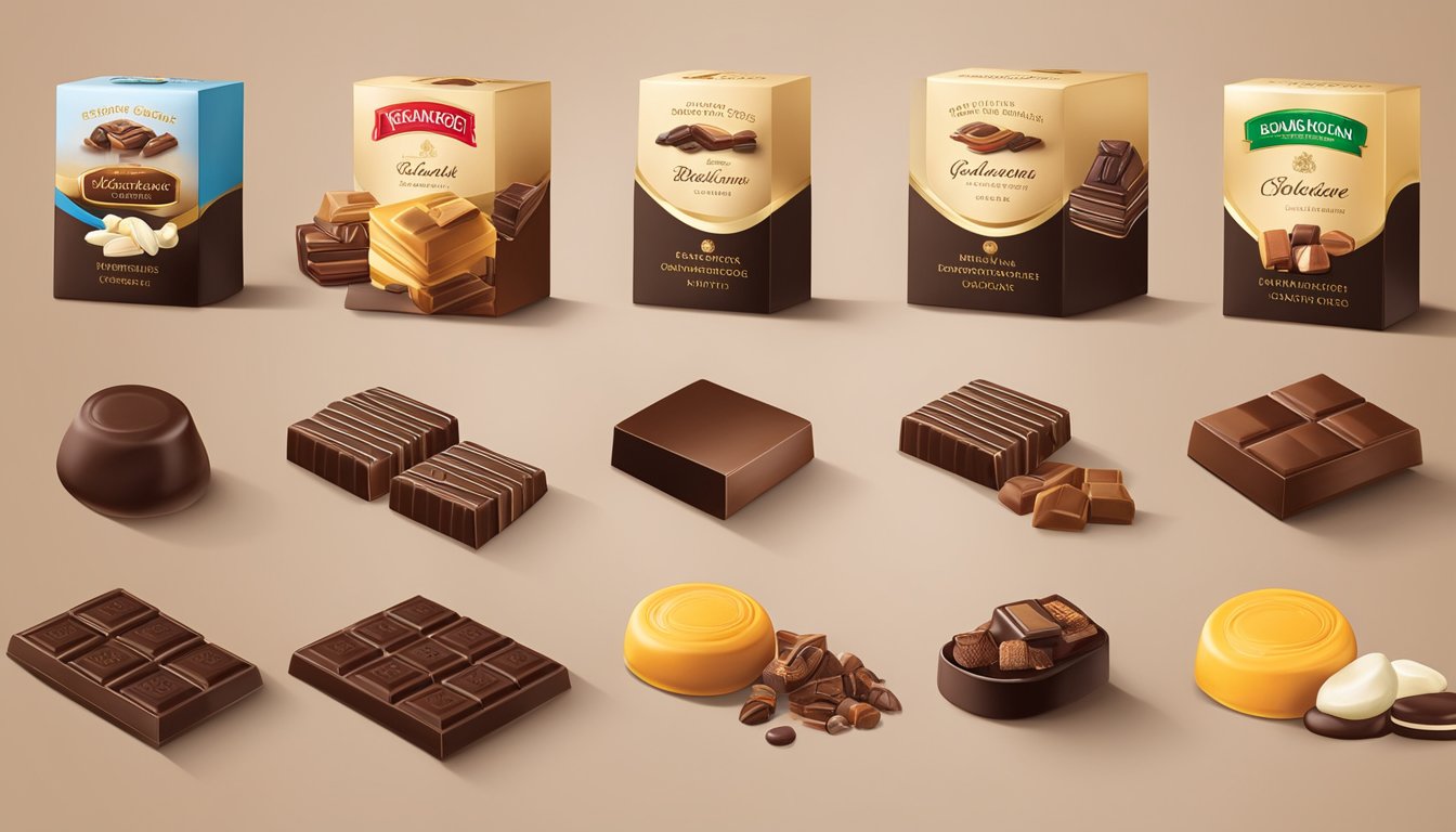 A display of various Belgian chocolate brands from around the world, showcasing their exquisite packaging and decadent flavors