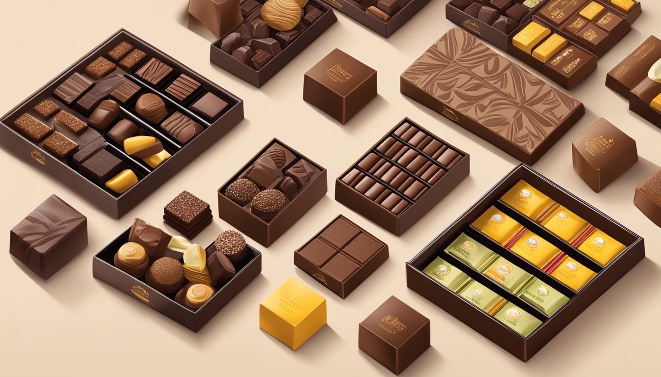 A display of various Belgian chocolate brands, showcasing their packaging and assortment of flavors