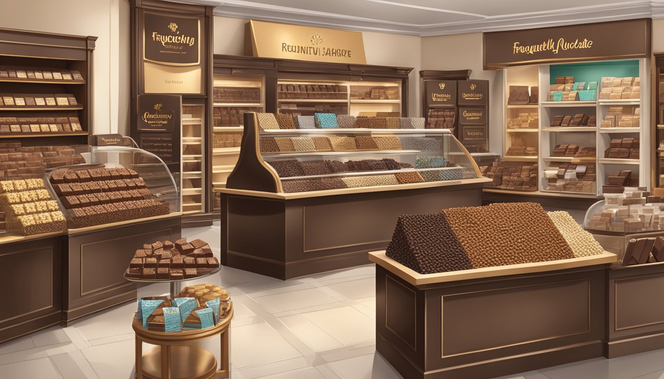 A display of various Belgian chocolate brands with a sign reading "Frequently Asked Questions" in a busy and lively chocolate shop