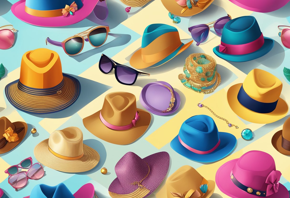 A colorful array of stylish objects and accessories, such as hats, sunglasses, and jewelry, arranged in a visually appealing manner