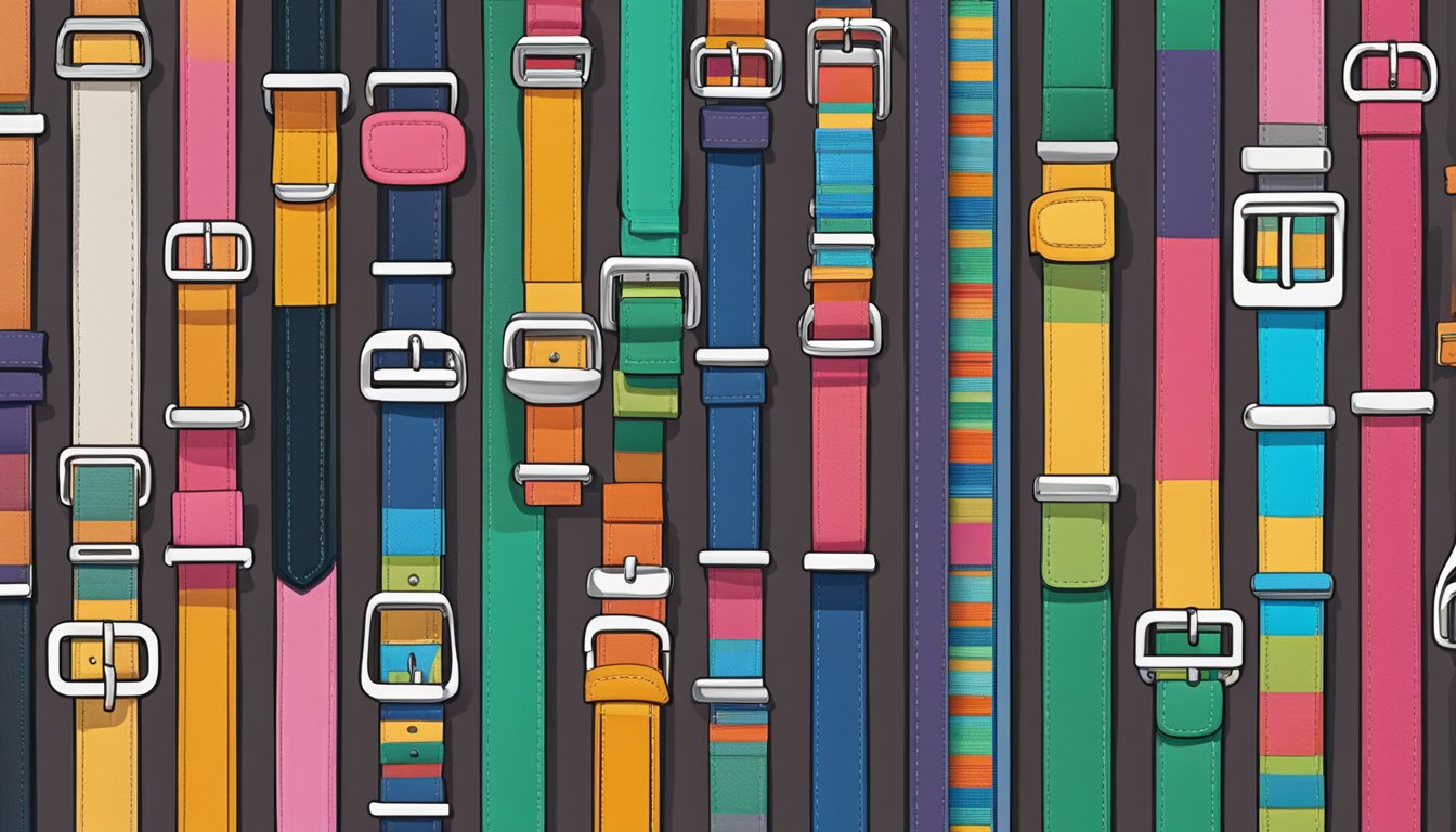 A hand reaches for a row of colorful belts, each displaying a different name brand logo. The belts are neatly arranged on a display rack, with various sizes and styles to choose from